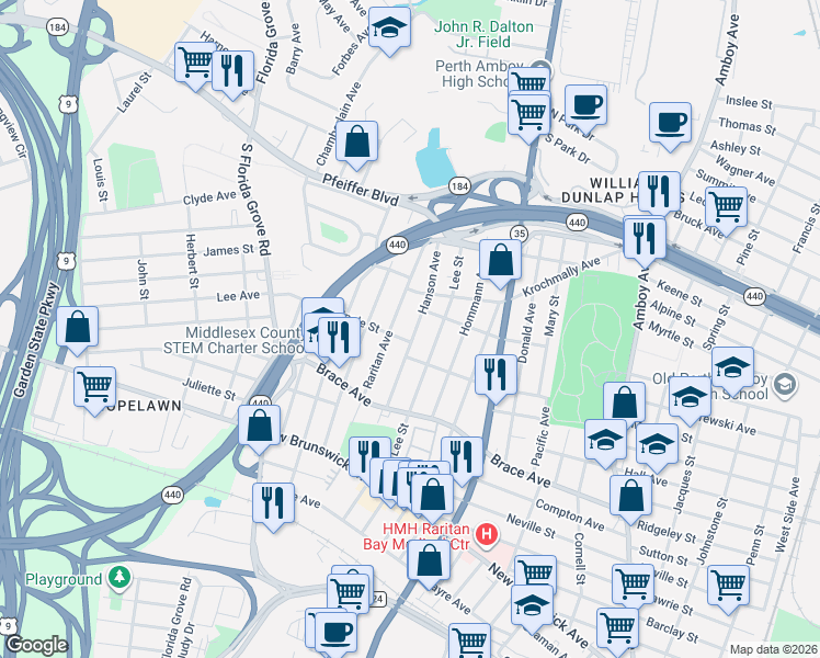 map of restaurants, bars, coffee shops, grocery stores, and more near 689 Hanson Avenue in Perth Amboy