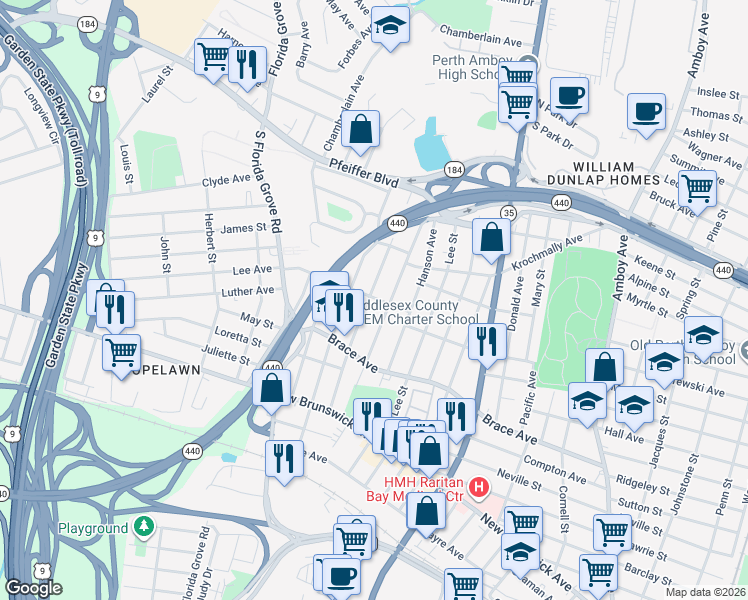 map of restaurants, bars, coffee shops, grocery stores, and more near 648 Colgate Avenue in Perth Amboy
