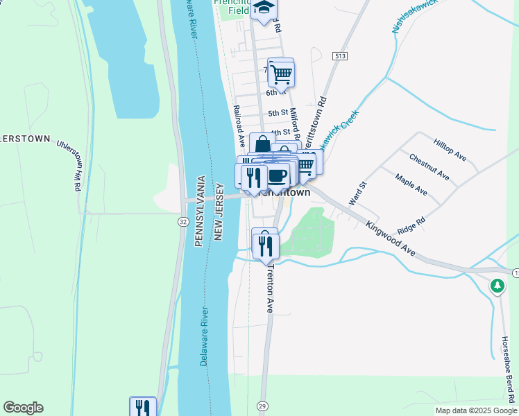 map of restaurants, bars, coffee shops, grocery stores, and more near 7 Front Street in Frenchtown