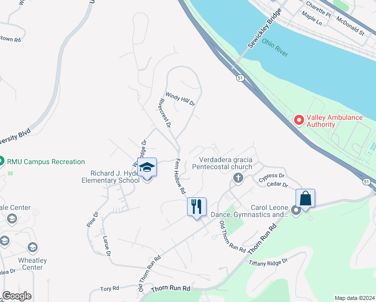 map of restaurants, bars, coffee shops, grocery stores, and more near 910 Kris Drive in Moon