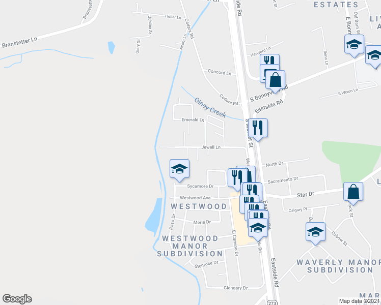 map of restaurants, bars, coffee shops, grocery stores, and more near 2035 Jewell Lane in Redding