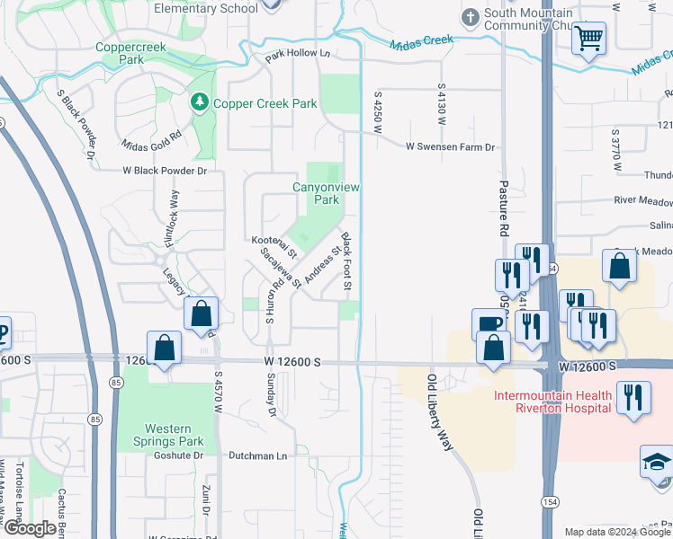 map of restaurants, bars, coffee shops, grocery stores, and more near 12418 Omaha Street in Riverton