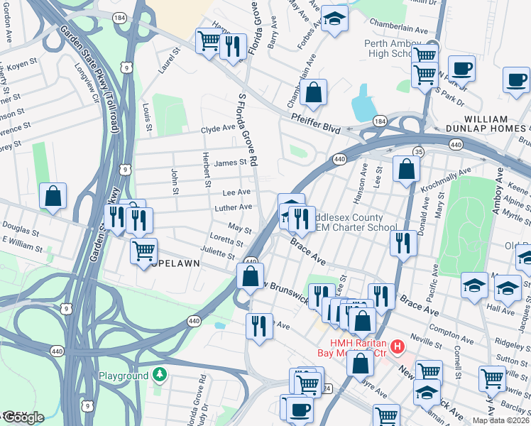 map of restaurants, bars, coffee shops, grocery stores, and more near 630 South Florida Grove Road in Perth Amboy