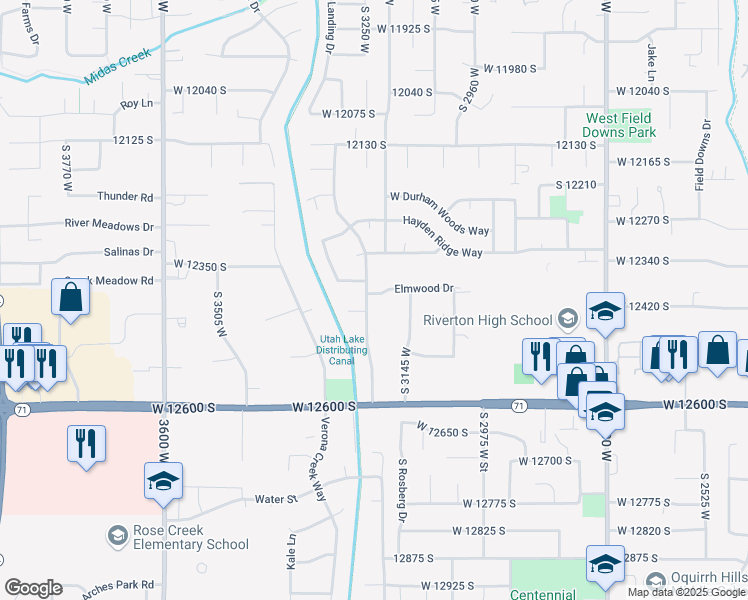 map of restaurants, bars, coffee shops, grocery stores, and more near 12397 South 3240 West in Riverton