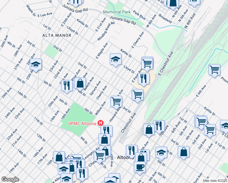 map of restaurants, bars, coffee shops, grocery stores, and more near 209 Willow Avenue in Altoona
