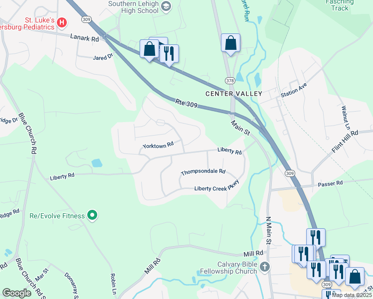 map of restaurants, bars, coffee shops, grocery stores, and more near 6201 Valley Forge Drive in Coopersburg