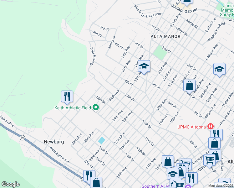 map of restaurants, bars, coffee shops, grocery stores, and more near 2510-12 11th Street in Altoona