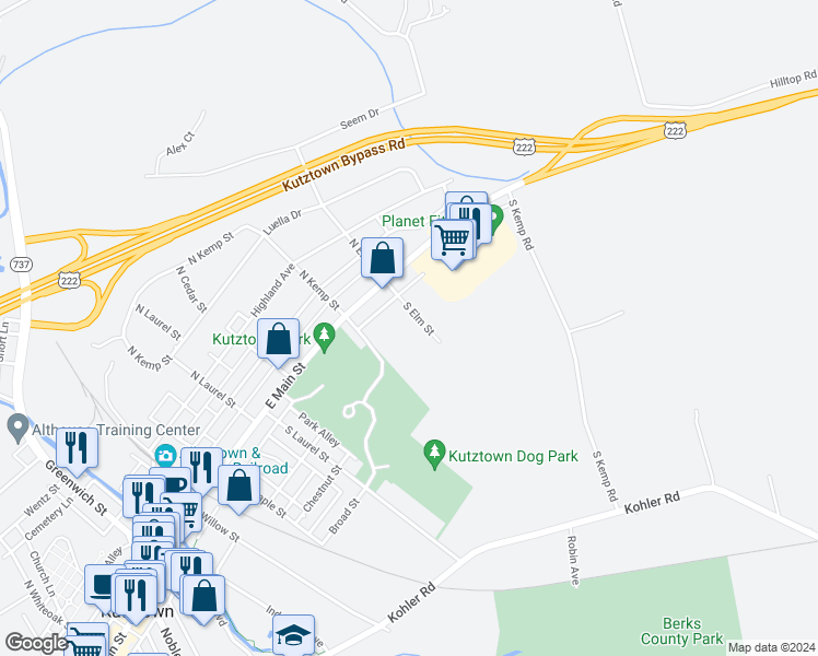map of restaurants, bars, coffee shops, grocery stores, and more near 55 South Elm Street in Kutztown