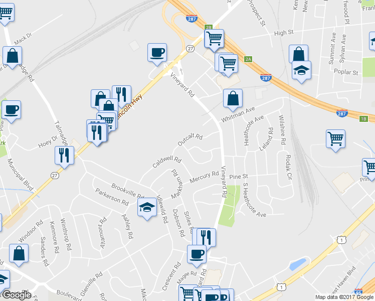 map of restaurants, bars, coffee shops, grocery stores, and more near 28 Moryan Road in Edison