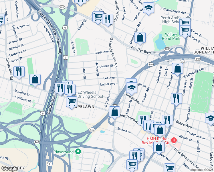 map of restaurants, bars, coffee shops, grocery stores, and more near 52 May Street in Perth Amboy