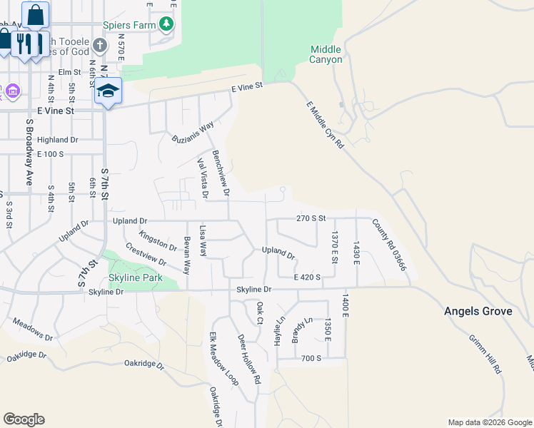 map of restaurants, bars, coffee shops, grocery stores, and more near 1223 270 South Street in Tooele
