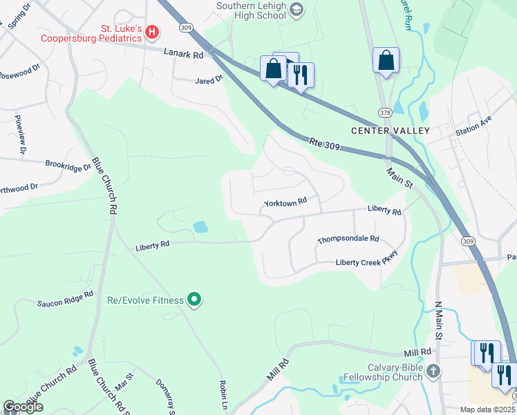 map of restaurants, bars, coffee shops, grocery stores, and more near 4199 Yorktown Road in Coopersburg