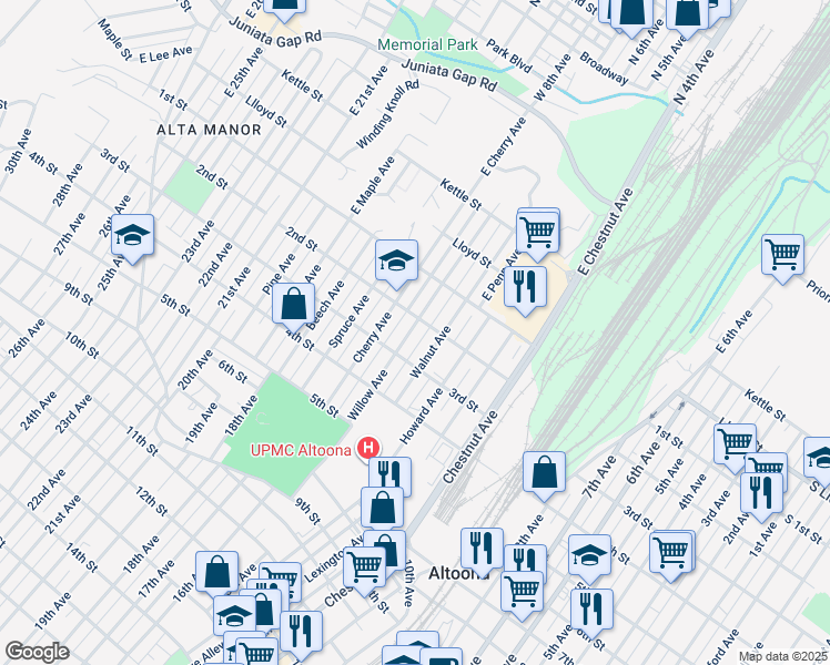 map of restaurants, bars, coffee shops, grocery stores, and more near 209 Willow Avenue in Altoona