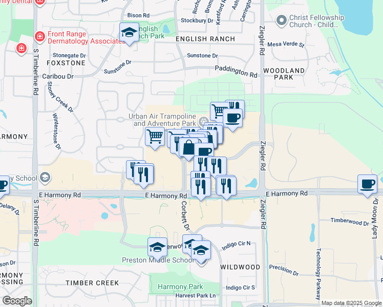 map of restaurants, bars, coffee shops, grocery stores, and more near 2720 Council Tree Avenue in Fort Collins