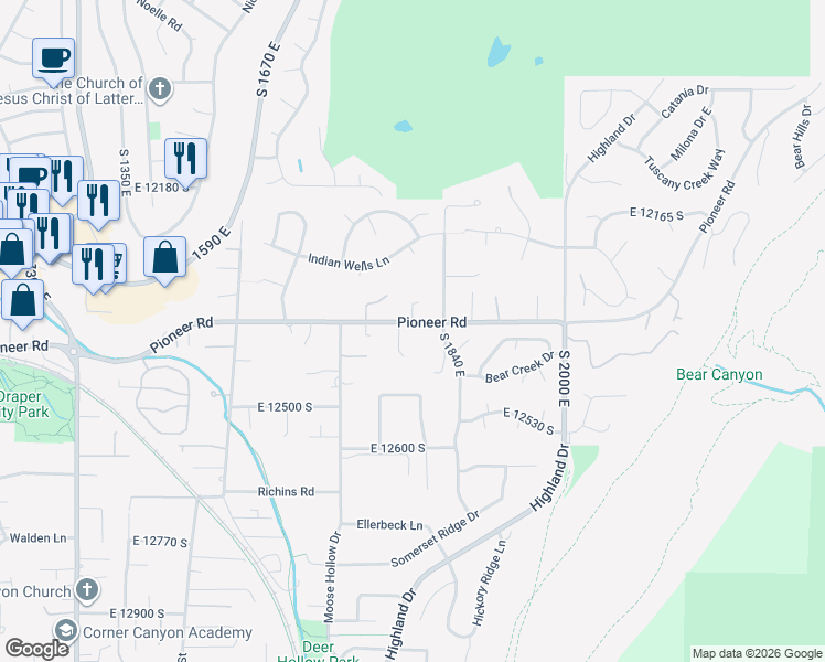 map of restaurants, bars, coffee shops, grocery stores, and more near 1804 Pioneer Road in Draper