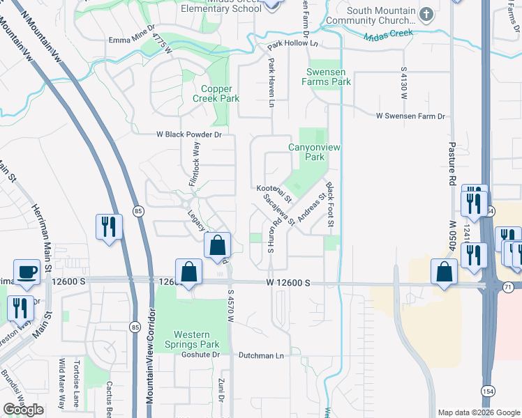 map of restaurants, bars, coffee shops, grocery stores, and more near 4472 Osage Road in Riverton