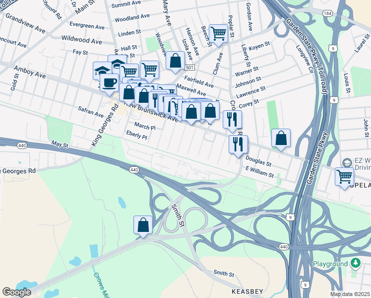 map of restaurants, bars, coffee shops, grocery stores, and more near 8 William Street in Woodbridge Township