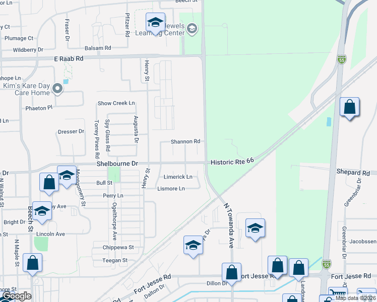 map of restaurants, bars, coffee shops, grocery stores, and more near 1503 Donegal Drive in Normal