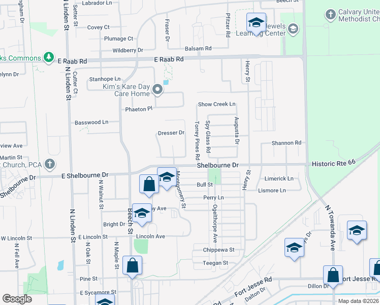 map of restaurants, bars, coffee shops, grocery stores, and more near 1505 Torrey Pines Road in Normal