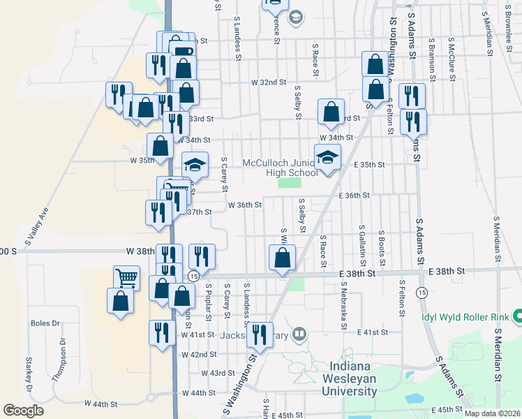 map of restaurants, bars, coffee shops, grocery stores, and more near 3614 South Harmon Street in Marion