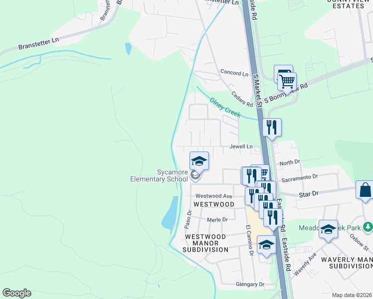 map of restaurants, bars, coffee shops, grocery stores, and more near 1977 Jewell Lane in Redding