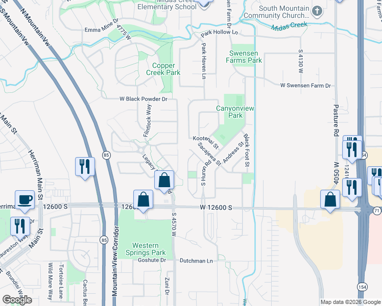 map of restaurants, bars, coffee shops, grocery stores, and more near 12406 South Mayan Street in Riverton