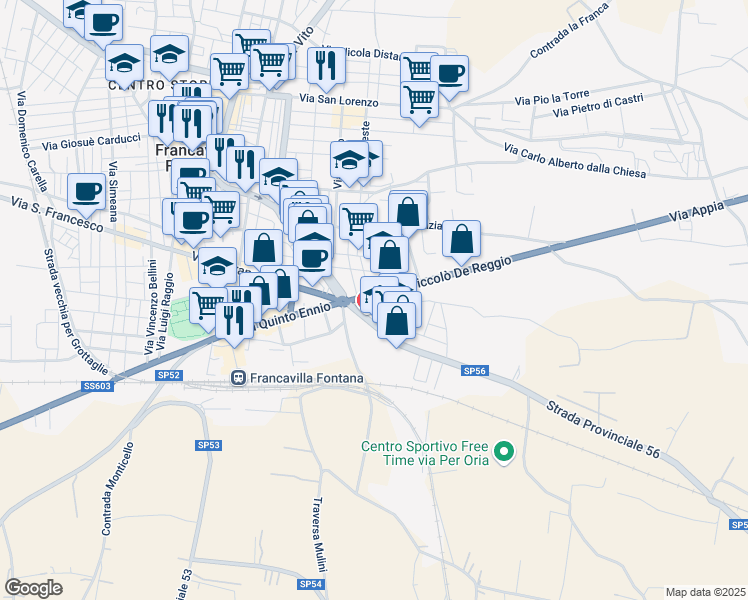 map of restaurants, bars, coffee shops, grocery stores, and more near 21 Via Giovanni Pascoli in Francavilla Fontana