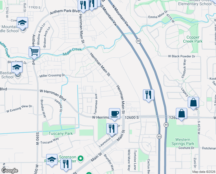 map of restaurants, bars, coffee shops, grocery stores, and more near 5129 West Duet Drive in Herriman