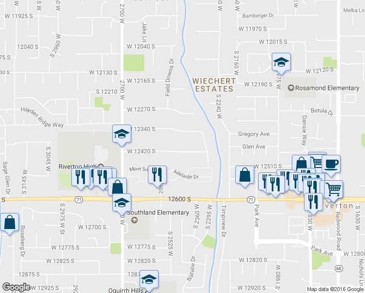 map of restaurants, bars, coffee shops, grocery stores, and more near 2416 West 12420 South in Riverton