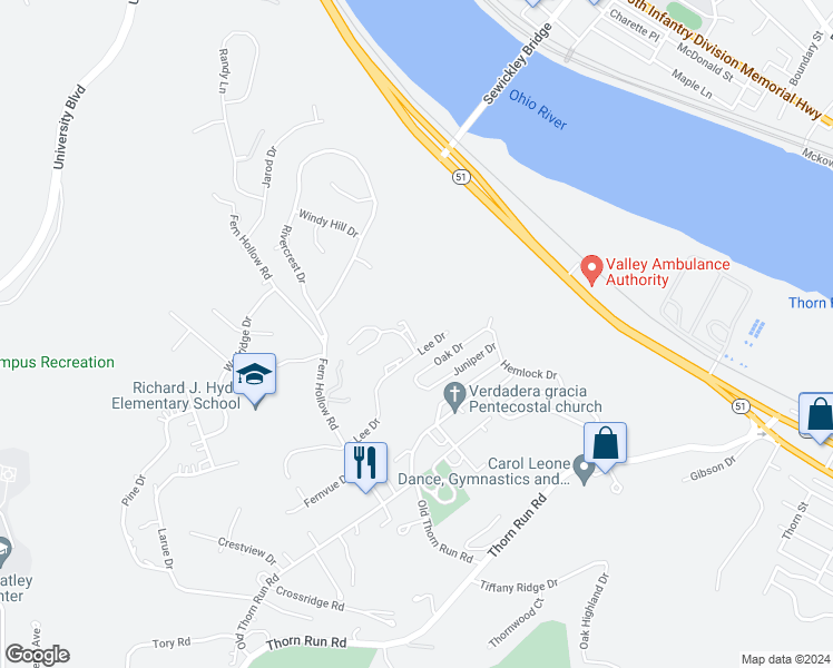 map of restaurants, bars, coffee shops, grocery stores, and more near 1030 Kris Drive in Moon