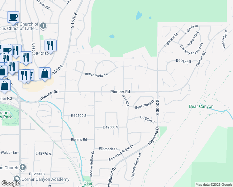 map of restaurants, bars, coffee shops, grocery stores, and more near 1804 Pioneer Road in Draper