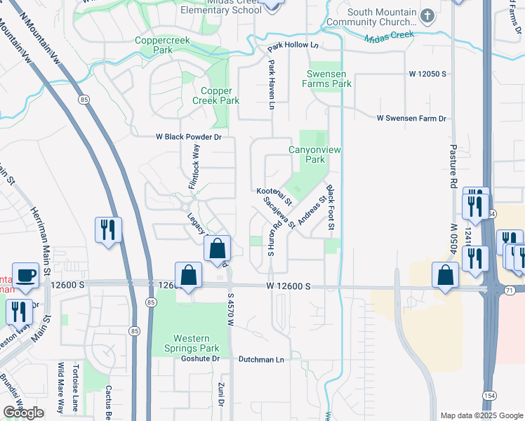 map of restaurants, bars, coffee shops, grocery stores, and more near 4494 Osage Road in Riverton