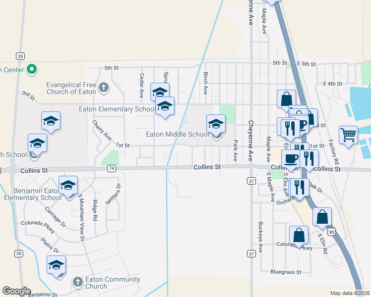 map of restaurants, bars, coffee shops, grocery stores, and more near 15 1/2 Ash Avenue in Eaton