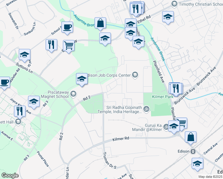 map of restaurants, bars, coffee shops, grocery stores, and more near Yosko Drive in Piscataway Township