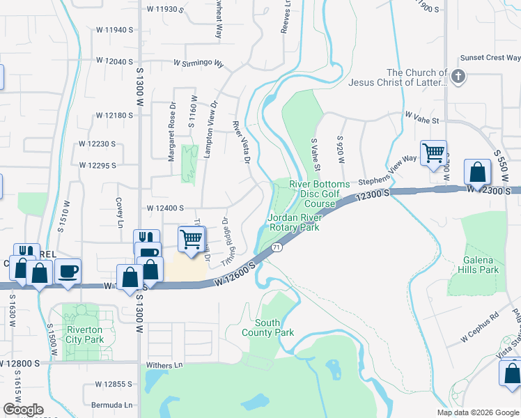 map of restaurants, bars, coffee shops, grocery stores, and more near 12452 Tithing Hill Drive in Riverton