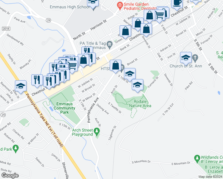 map of restaurants, bars, coffee shops, grocery stores, and more near 1059 Arch Street in Emmaus