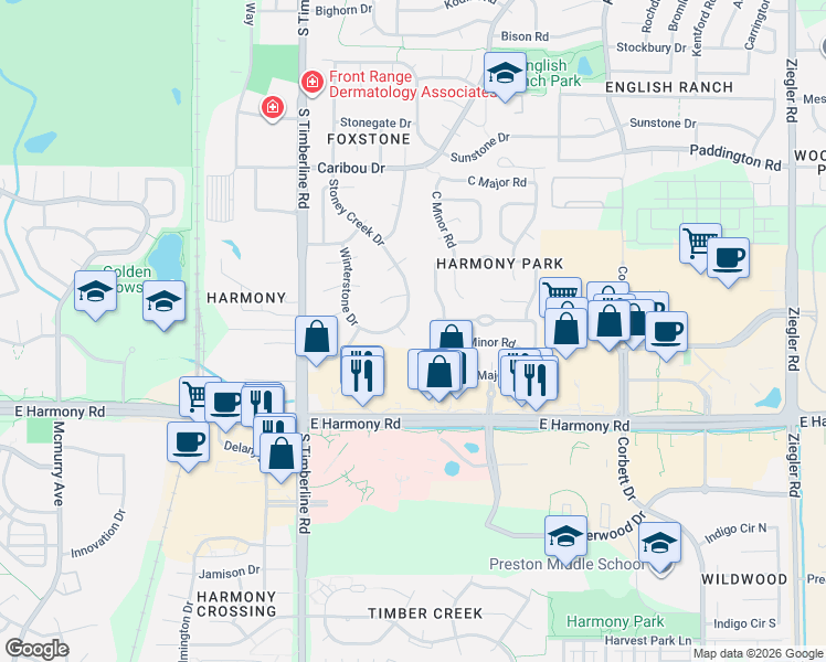map of restaurants, bars, coffee shops, grocery stores, and more near 2500 East Harmony Road in Fort Collins