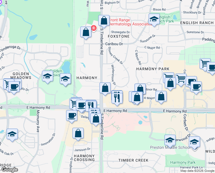 map of restaurants, bars, coffee shops, grocery stores, and more near 2108 Milestone Drive in Fort Collins