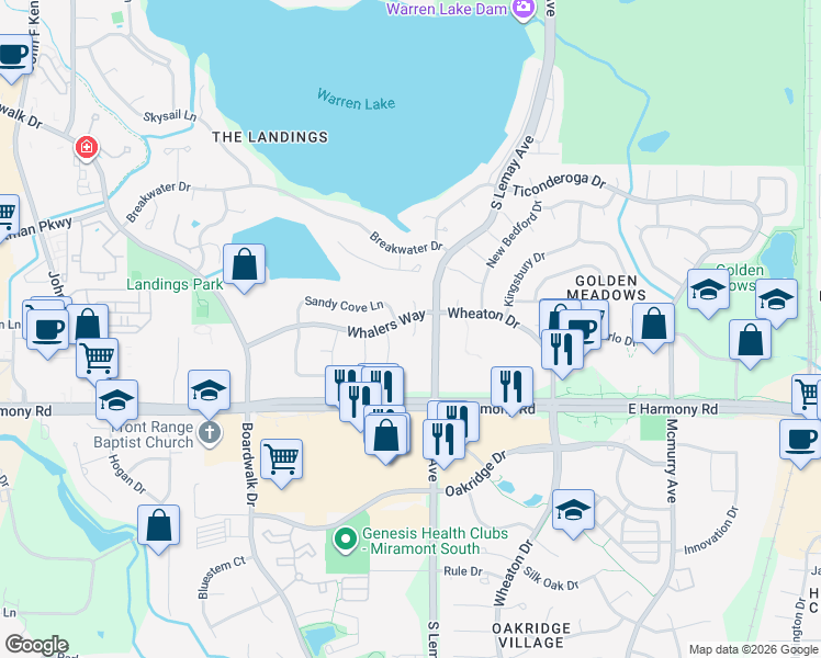 map of restaurants, bars, coffee shops, grocery stores, and more near 4530 Bluefin Court in Fort Collins