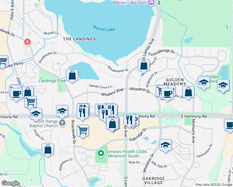map of restaurants, bars, coffee shops, grocery stores, and more near 4548 Seaway Circle in Fort Collins
