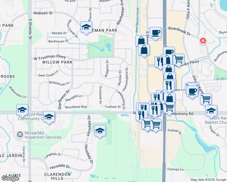 map of restaurants, bars, coffee shops, grocery stores, and more near 4430 Warbler Drive in Fort Collins
