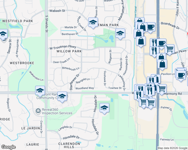 map of restaurants, bars, coffee shops, grocery stores, and more near 4437 Waterleaf Court in Fort Collins