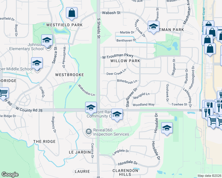 map of restaurants, bars, coffee shops, grocery stores, and more near 1037 Bitterbrush Lane in Fort Collins