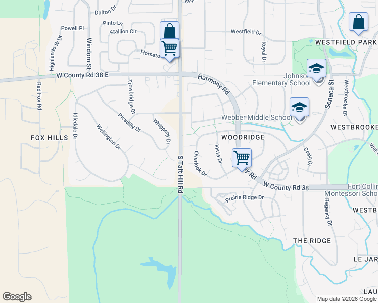 map of restaurants, bars, coffee shops, grocery stores, and more near 2031 Overlook Drive in Fort Collins