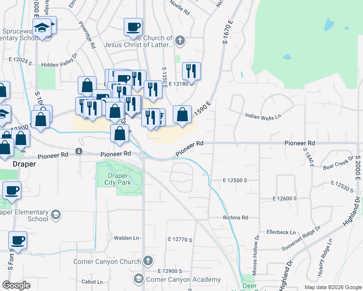 map of restaurants, bars, coffee shops, grocery stores, and more near 1393 Pioneer Road in Draper