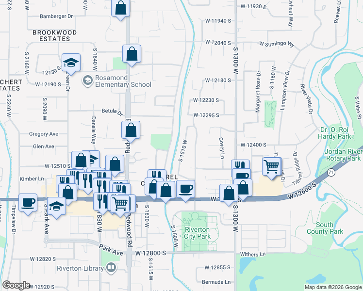 map of restaurants, bars, coffee shops, grocery stores, and more near 12426 South 1510 West in Riverton