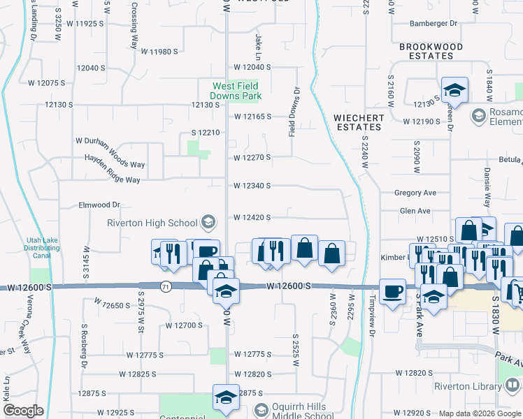 map of restaurants, bars, coffee shops, grocery stores, and more near 2567 West 12420 South in Riverton