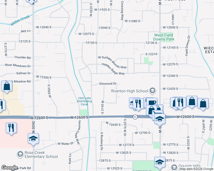 map of restaurants, bars, coffee shops, grocery stores, and more near 12425 South 3145 West in Riverton