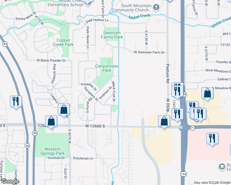 map of restaurants, bars, coffee shops, grocery stores, and more near 12423 Black Foot Street in Riverton