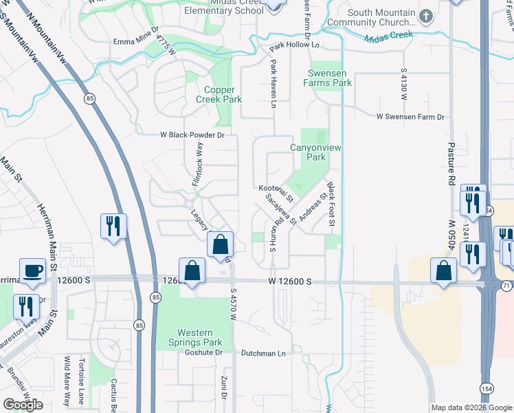 map of restaurants, bars, coffee shops, grocery stores, and more near 12432 Mayan Street in Riverton